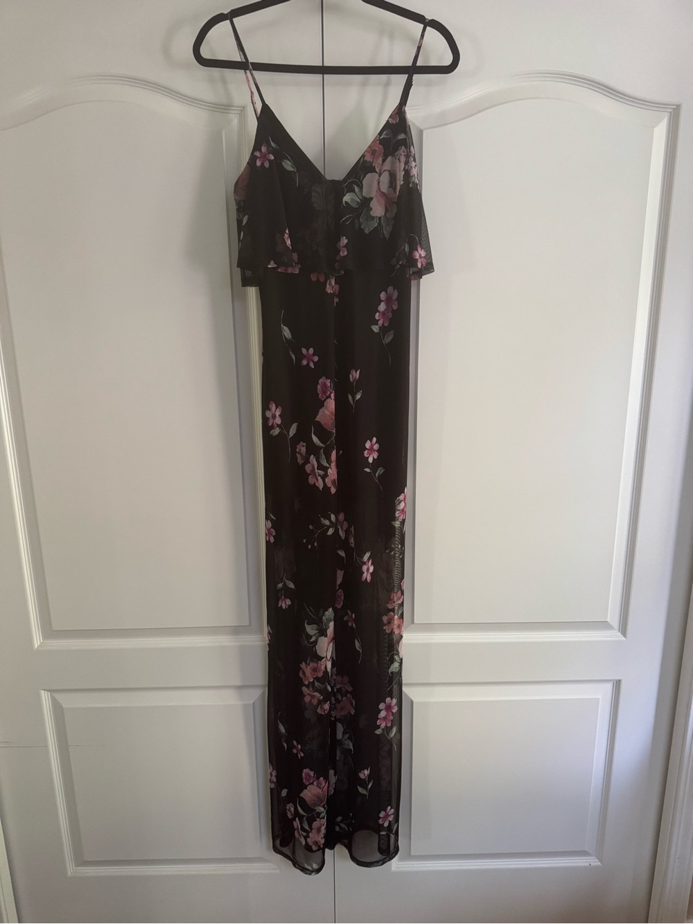 Black Floral Maxi Slip Pantsuit with Ruffle.